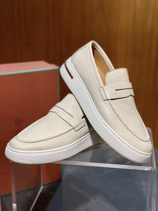 View 1 of Beige Leather Slip-On Loafers Plug-Top Comfort Shoes