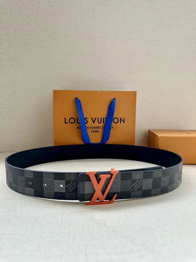 View 1 of Bold Monogram Belt: Coral Buckle, Damier Pattern Leather Belt