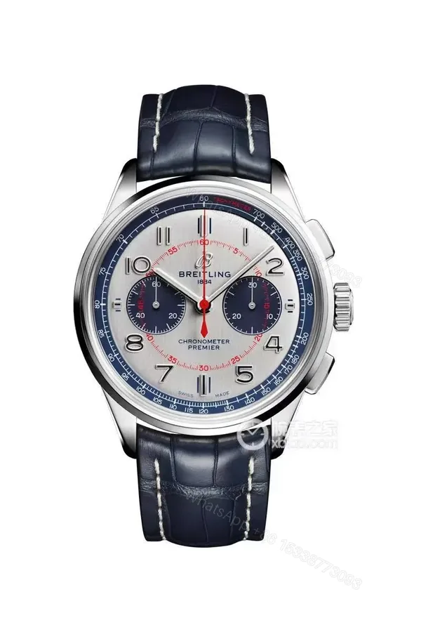 View 1 of OM Factory Breitling Premier B01 Chronograph Watch – Blue and White Dial, Leather Strap, 42mm Stainless Steel Case
