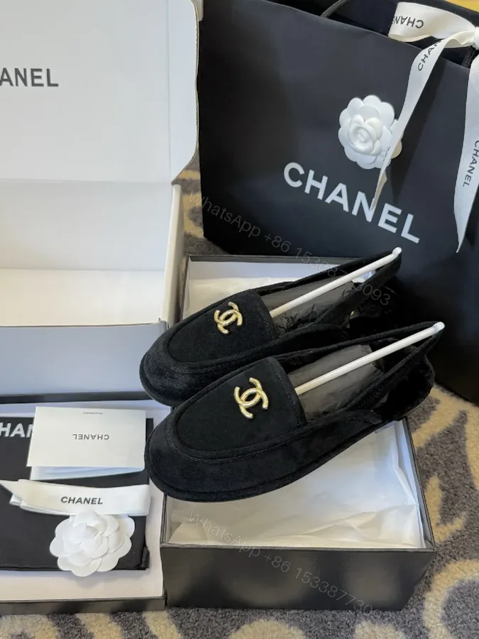 View 1 of Velvet Black Loafers with Gold Logo - Luxe Silhouette