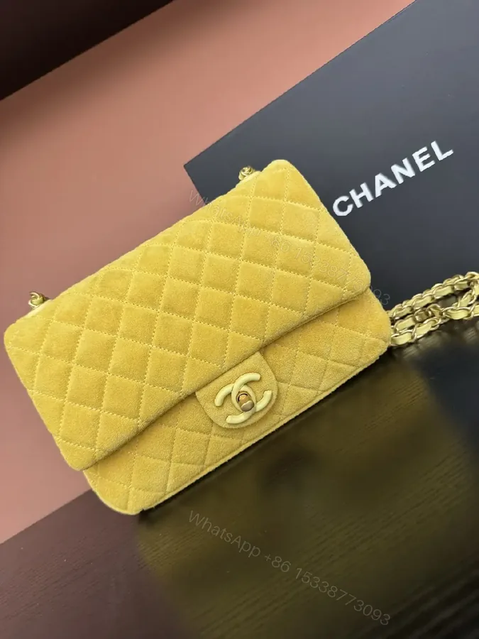View 1 of Mustard Quilted Mini Flap Bag with Gold Chain