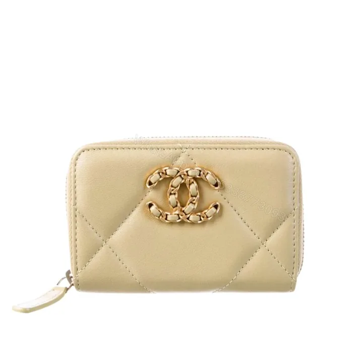 View 1 of Chanel 19 Card Holder With Zipper Leather Beige Wallet 10Cm