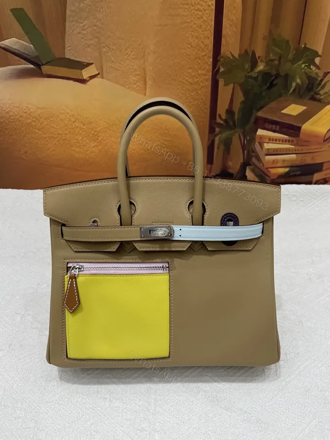 View 1 of Hermes 一比一 女款 Birkin 卡其拼亮黃口袋手提包 設計感機能風