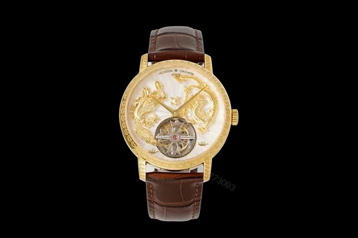 View 1 of Vacheron Constantin Dragon Replica 41MM Premium Gold Case Brown Leather Strap Tourbillon Edition RG-VC-DRAGON-GOLD-41