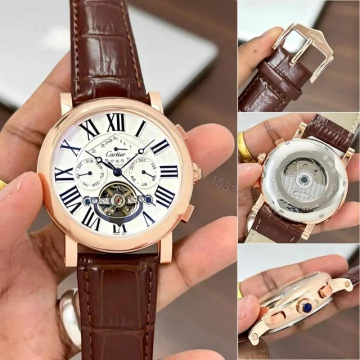 View 1 of First Copy Cartier Roman Numeral Skeleton Automatic Watch With Rose Gold Case And Brown Leather Strap