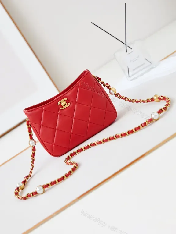 View 1 of Red Quilted Crossbody with Chain-Detail Strap - Luxe Compact Bag
