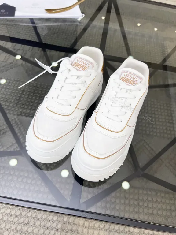 View 1 of White Leather Luxe Sneaker with Gold Accents, Versace-Inspired
