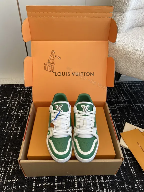 View 1 of Bold Green & White LV-Inspired High-Top Sneakers