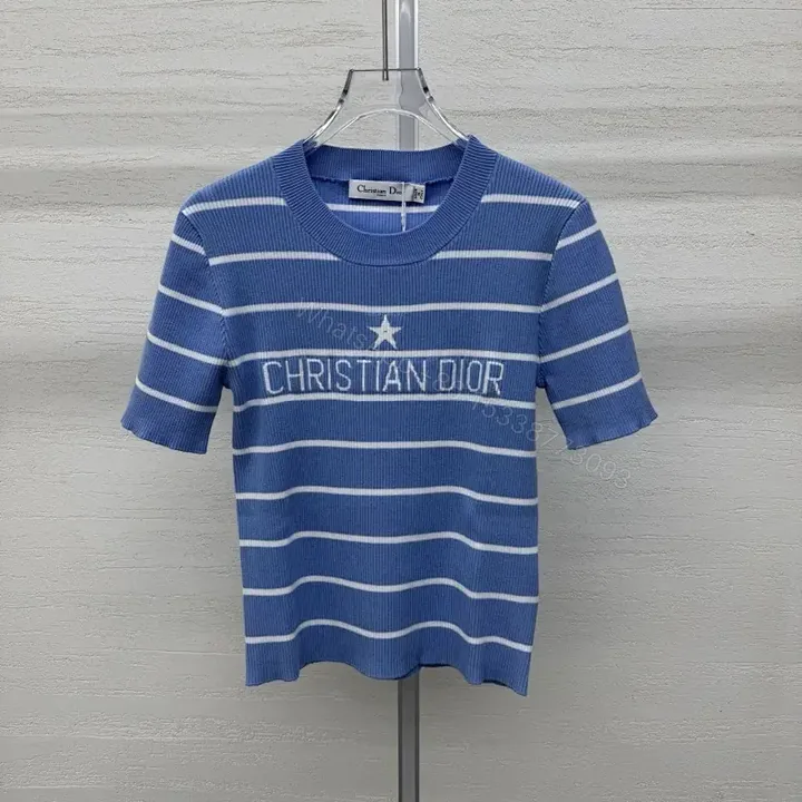 View 1 of Blue Stripes Knit Tee - Elevated Casual Luxury Knit Top