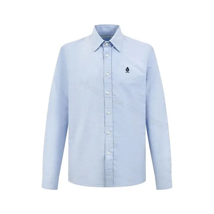 View 1 of Light Blue Cotton Button-Down Shirt, Classic Fit, PRADA Logo