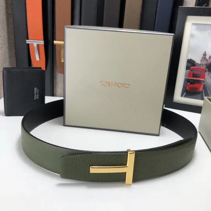 View 1 of Olive Pebbled Leather Belt â€” Bold Gold Buckle, Tom Ford