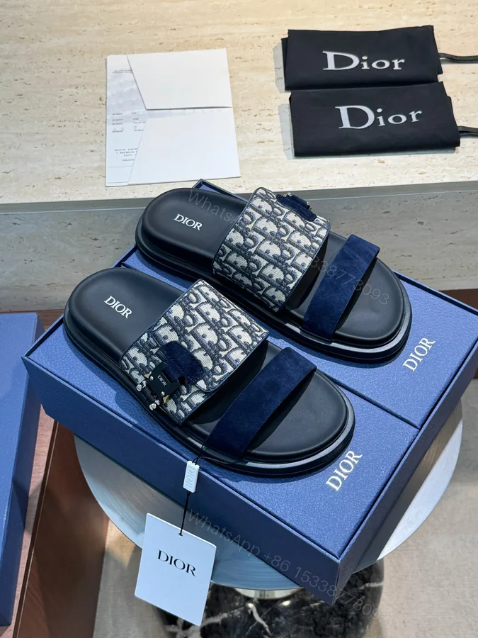 View 1 of Dior A貨 男款黑色拼接拖鞋 緹花麂皮雙材質設計