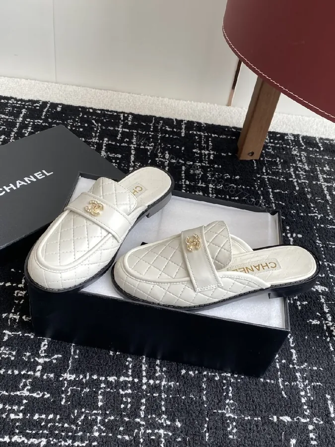 View 1 of Quilted White Leather Slides - Gold Hardware Luxury Slip-Ons