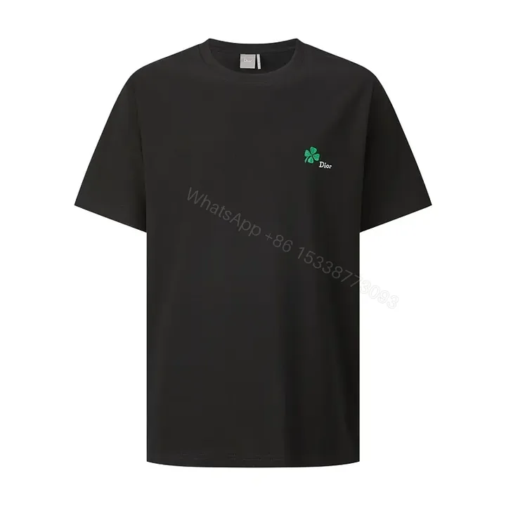 View 1 of Black Cotton T-Shirt with Green Clover Embroidery Dior Logo
