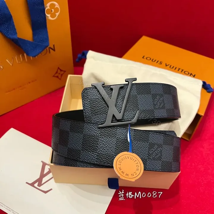 View 1 of Louis Vuitton Damier Belt: Matte Buckle, Full-Grain Backing, Navy/Graphite