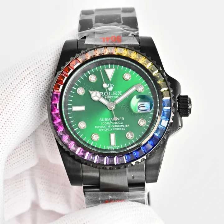 View 1 of Rolex Submariner Rainbow Bezel Replica 40MM Exclusive Green Dial Black Oyster Bracelet RG-ROLEX-SUB-RAINBOW-GREEN-40
