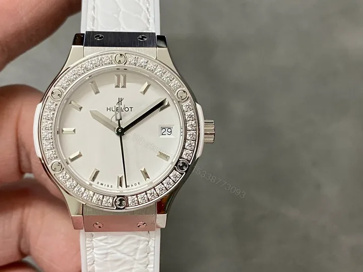 View 1 of Hublot Classic Fusion Ladies Replica 33MM Premium Diamond Bezel White Leather Strap Edition RG-HUBLOT-FUSION-LADIES-33