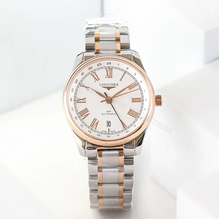 View 1 of Longines Master Classic Re Edition GMT Two Time Zone Watch White Dial Two Tone Stainless Steel and Rose Gold Bracelet 40mm Case Italian Grey Leather Strap Option