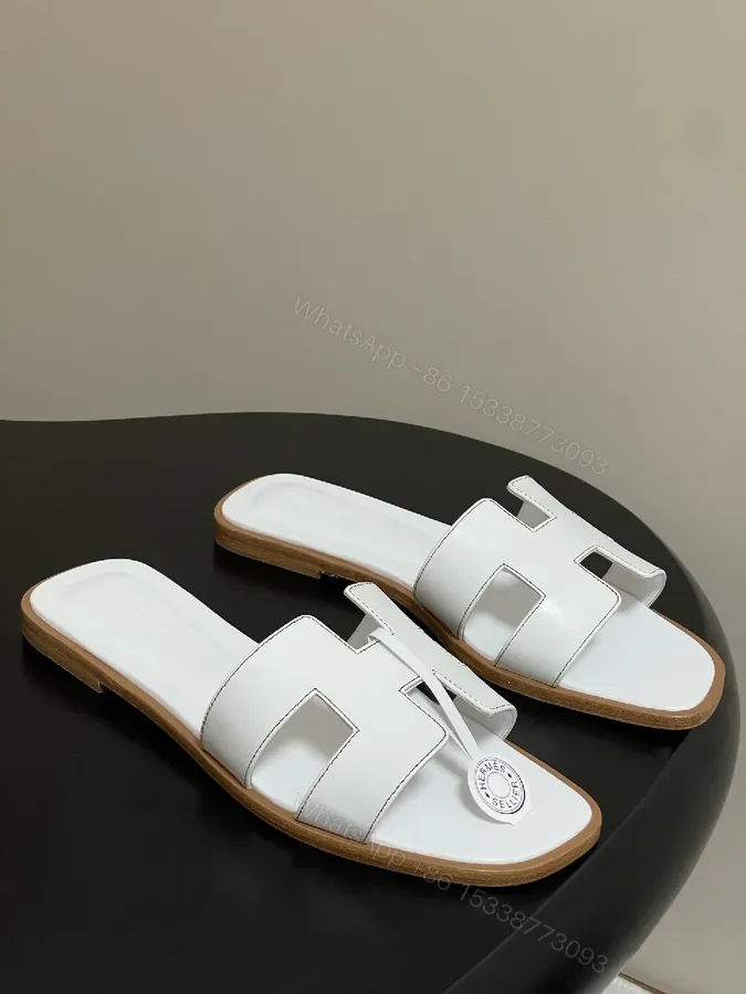 View 1 of White Leather Sandals, H-Cutout, Open-Toe, Comfortable Footbed