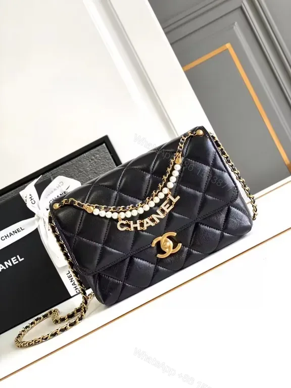 View 1 of Chanel-Inspired Quilted Flap Bag with Pearl Chain