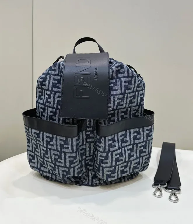 View 1 of Structured Luxury Backpack: Fendi Roma Iconography, Navy/Steel Gray