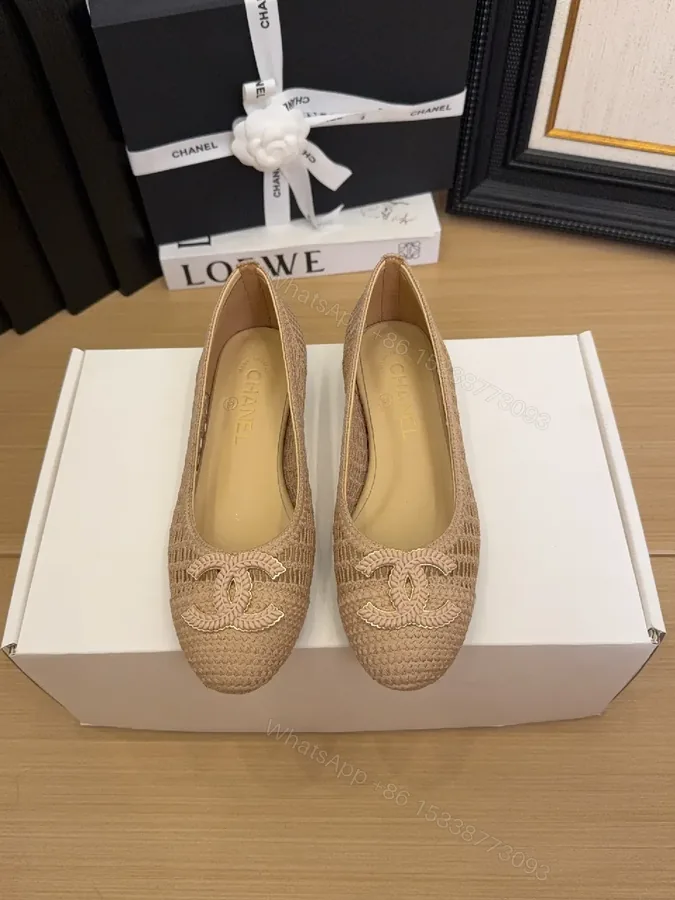 View 1 of Beige Woven Ballet Flats with Logo Embroidery, Elegant Comfort