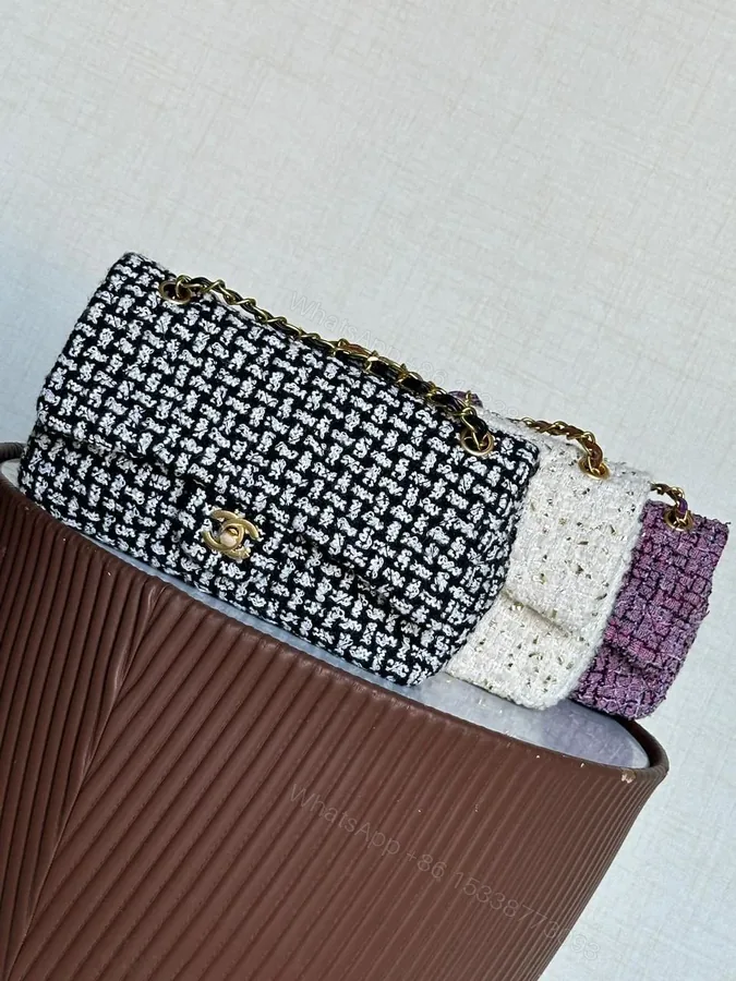 View 1 of Design A GREEN TWEED MEDIUM DOUBLE FLAP BAG WITH SILVER HARDWARE – Dubai Fashion LUX