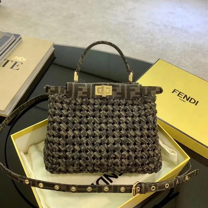 View 1 of Fendi Brown Jacquard Interlace Iconic Peekaboo Mini Bag