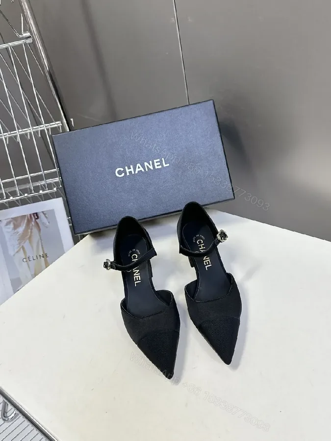View 1 of Chic Black Pointed-Toe Heels with Ankle Strap