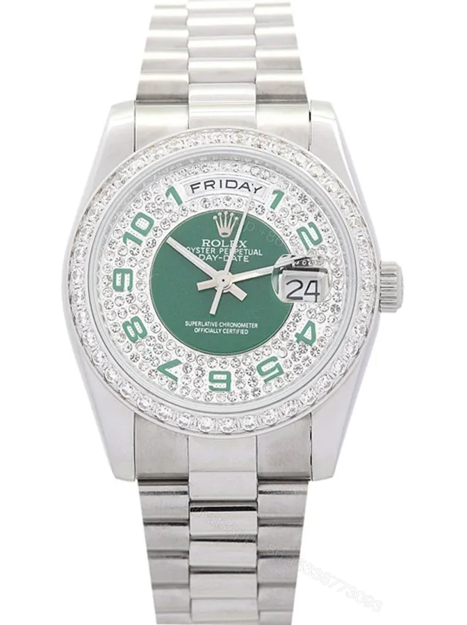 View 1 of Replica Rolex Day-Date Green and Silver with Diamonds Dial 118346 36 mm