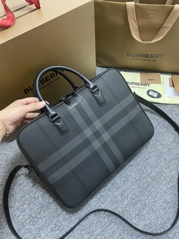 View 1 of Burberry Check Polished Laptop Briefcase â€“ Luxe, Weather-Ready Organizer