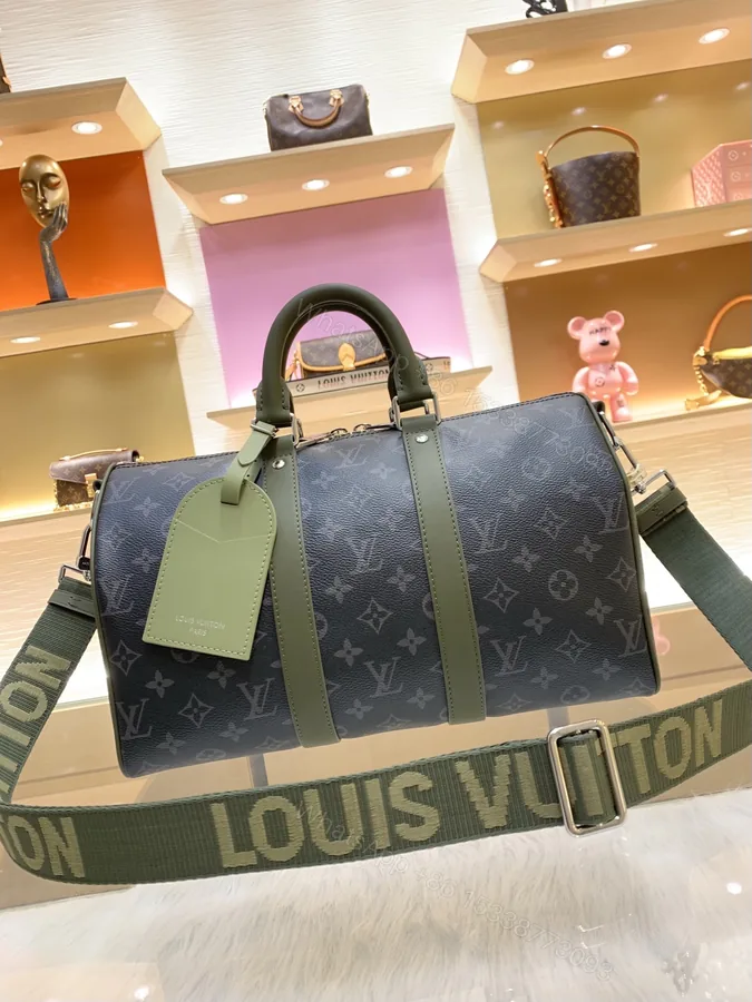 View 1 of LV 原單 黑灰老花Keepall旅行包 綠色拼接手提斜挎包