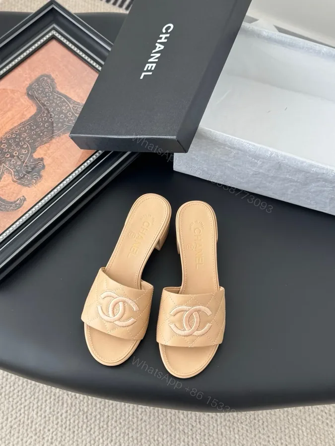 View 1 of Chanel Women Beige Leather Quilted Slides