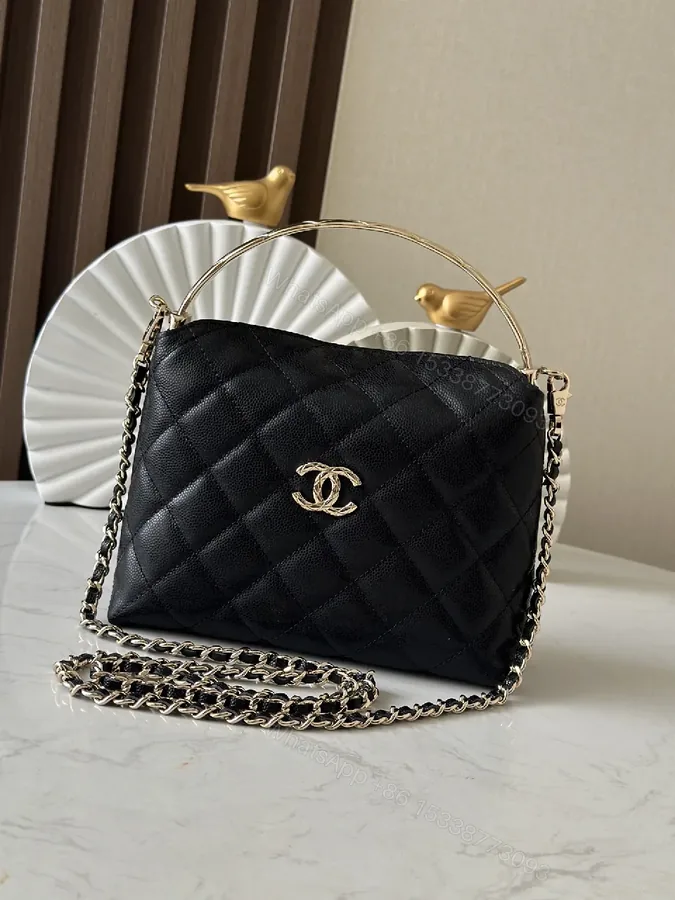 View 1 of Quilted Black Leather Bag with Gold Chain