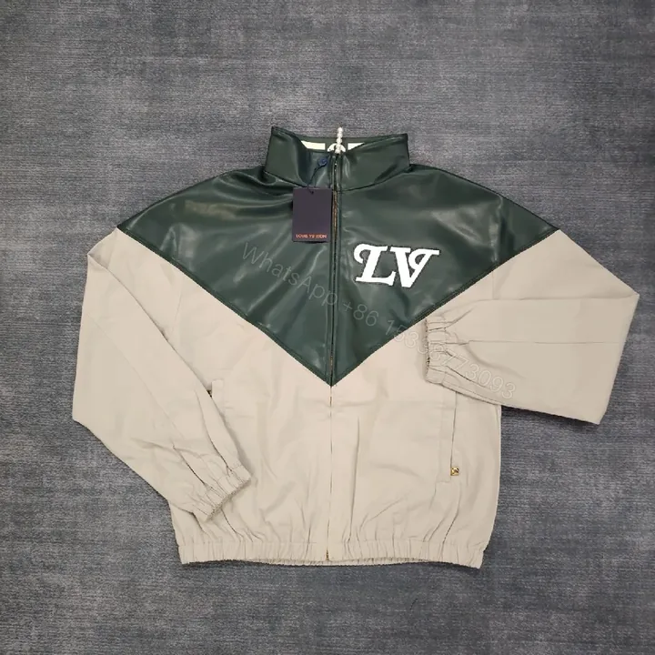 View 1 of Color-blocked Leather-Texture Windbreaker with LV-Inspired Accent