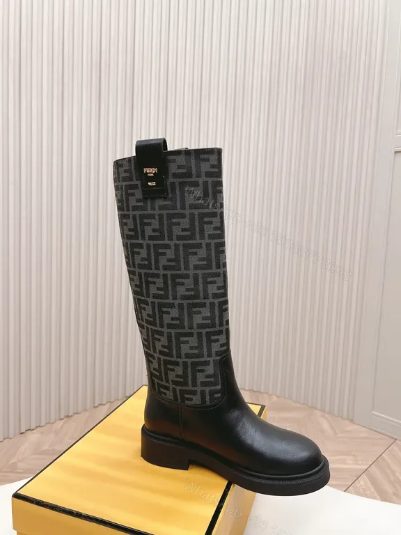 View 1 of Bold Leather Knee-High Boots: Textured Logo Jacquard Style