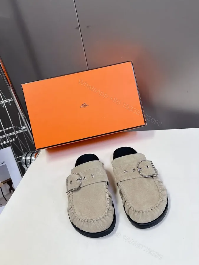 View 1 of Hermes Women Beige Suede Buckle Mules
