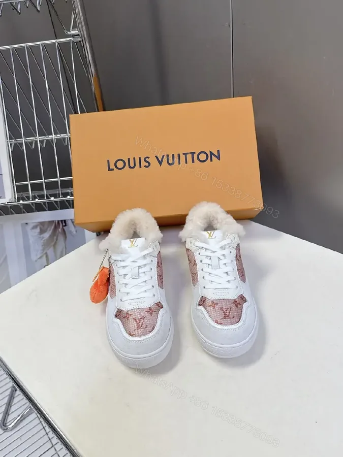 View 1 of White Leather + Shearling Mid-Top Sneakers + Luxe Monogram + All-Day Warmth + Sneakers