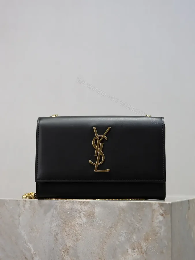 View 1 of Black Leather Bag with Gold YSL-Inspired Logo, Compact, Everyday Glam