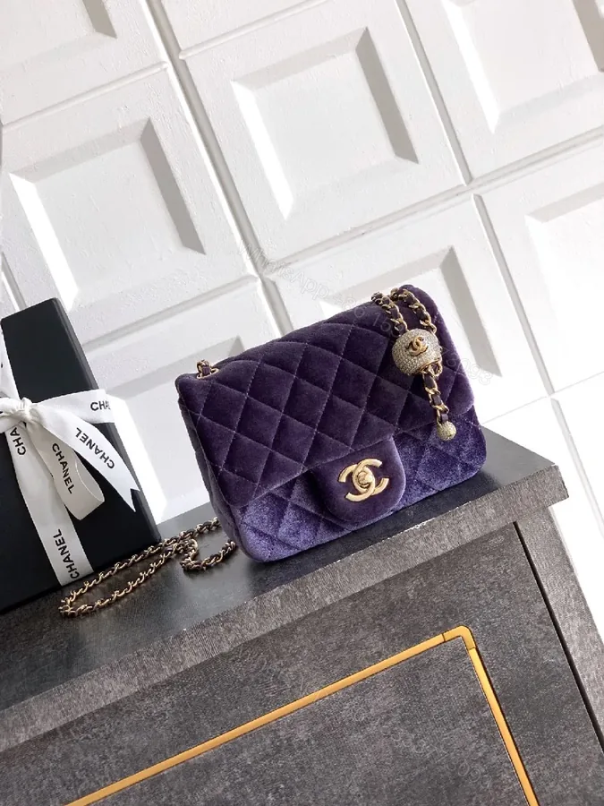 View 1 of Purple Velvet Quilted Shoulder Bag with Gold Hardware