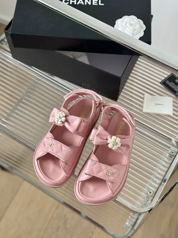 View 1 of Pink Leather Sandals â€“ Chanel-Inspired, Floral Accents, All-Day Comfort