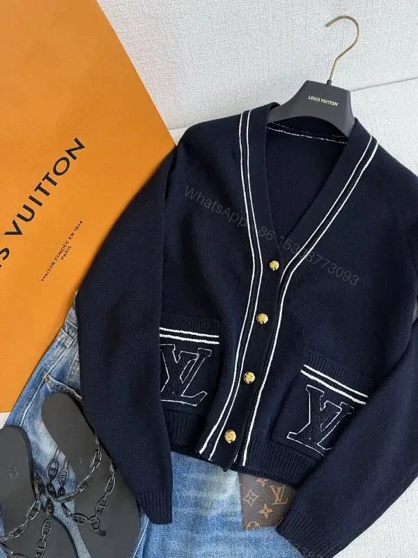 View 1 of Navy Knit Cardigan with White Trim and LV Piping