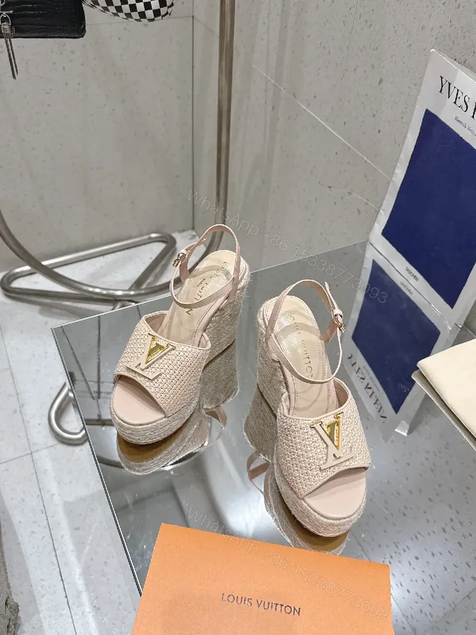 View 1 of Beige Wedge Espadrille Sandals with Gold Detail - Elevated Comfort