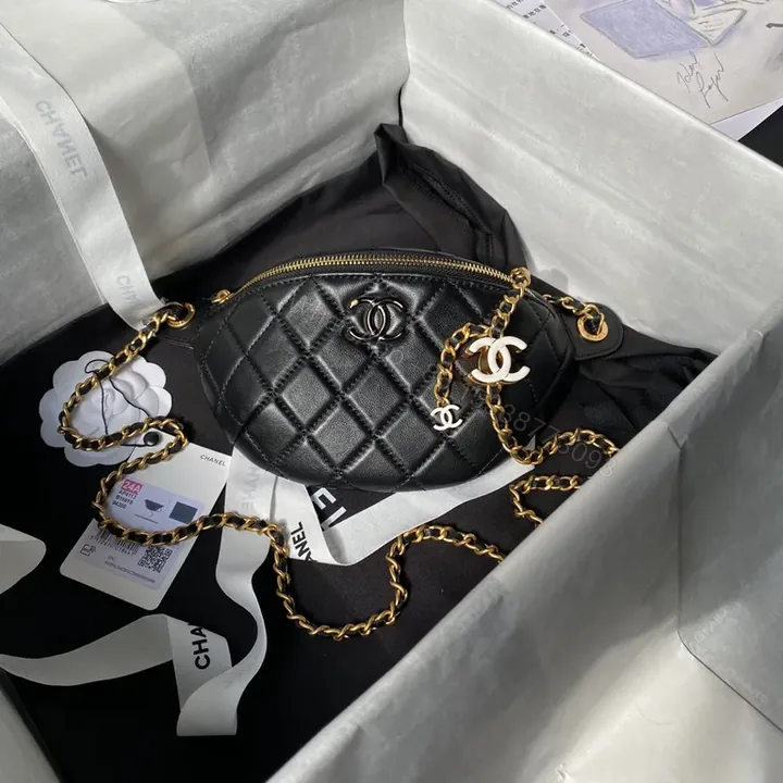 View 1 of Chanel-Inspired Quilted Leather Mini Bag with Gold Chain