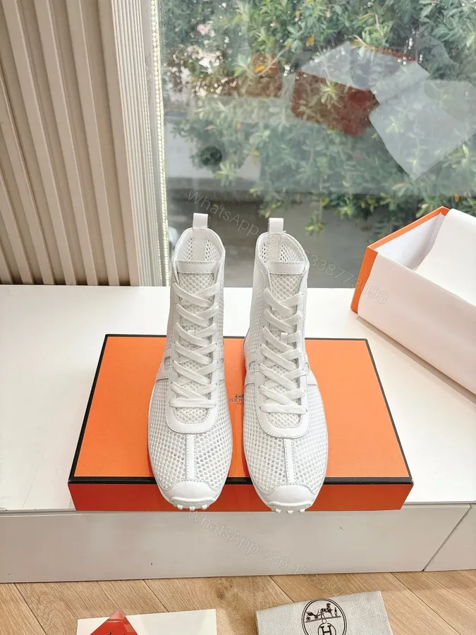 View 1 of Hermes Women White Mesh Leather Sneakers