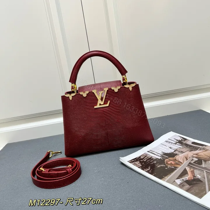 View 1 of LV 一比一 M12297 酒紅壓紋手提包 金扣細節27cm優雅百搭款