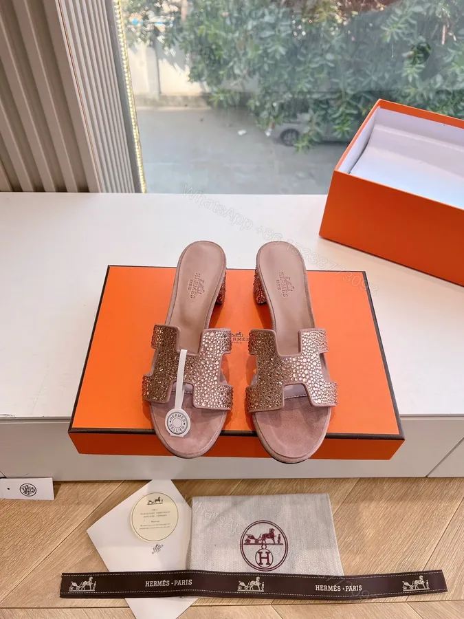View 1 of Hermes Women Pink Suede Crystal-Embellished Mules