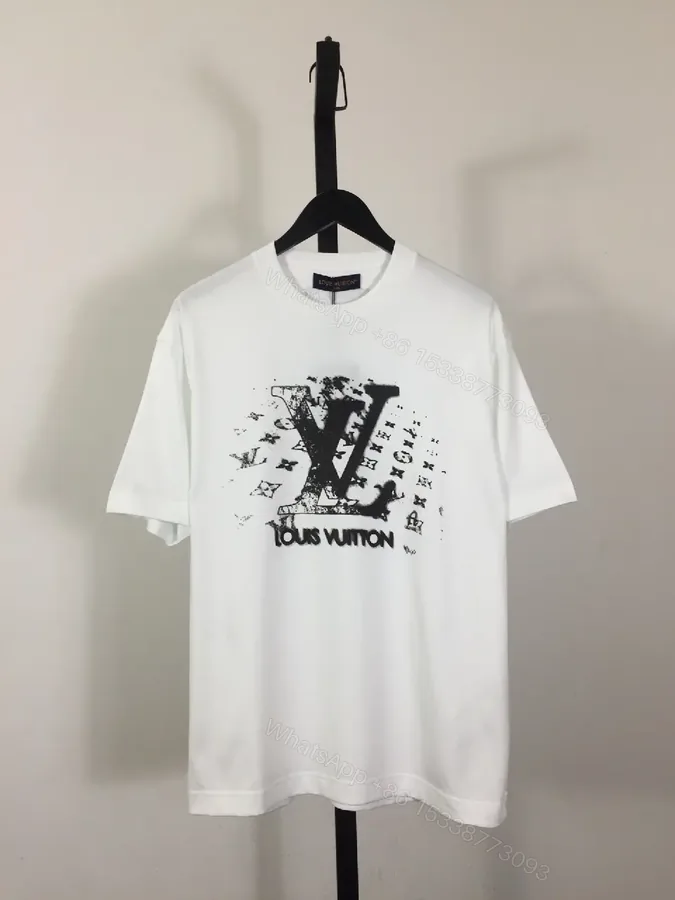 View 1 of Graphic Tee: White, Cotton Blend, Oversized, LV Monogram Edge, Statement Tee