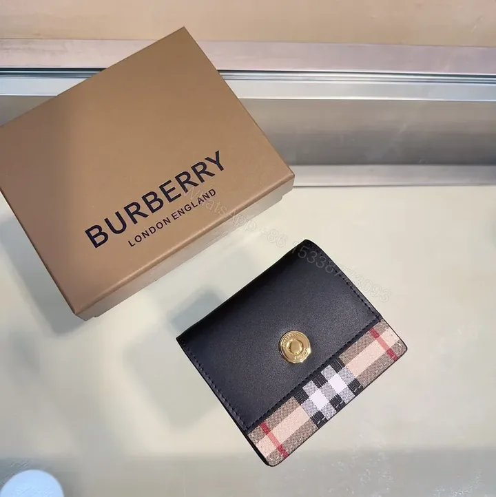 View 1 of Iconic Burberry Check Leather Wallet: Slim, Gold Clasp, Bi-Fold