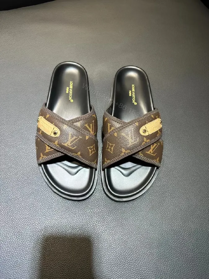 View 1 of Brown Monogram-Print Slip-On Sandals with Leather Trim